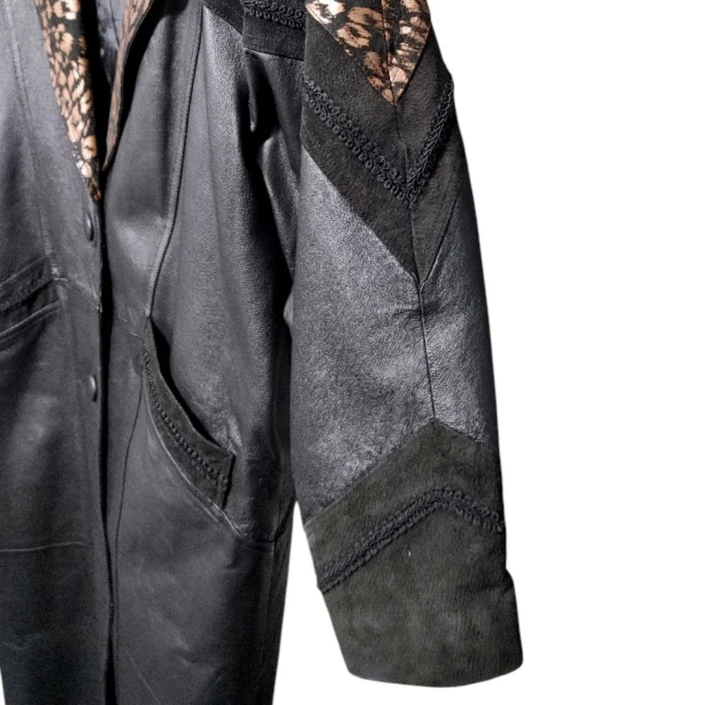 Vintage 80s JF J Ferrar Black Leopard Print Leather Suede Trench Coat Size Large - Picture 10 of 13